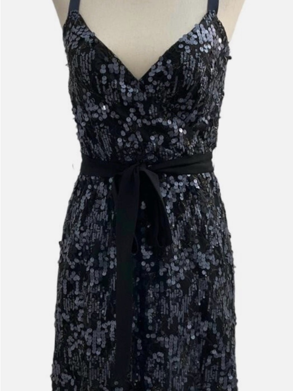 Express Blue Sequin Strapless Evening Dress with Black Waist Tie